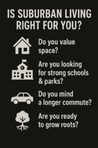 black and white infographic on suburban living