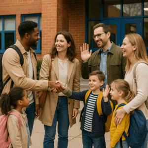 Parents and kids gathering outside of a school