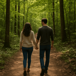 A couple walking in a forest
