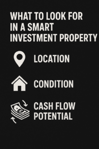 A black and white infographic on what to look for in a smart investment property.