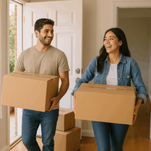 A couple carrying moving boxes