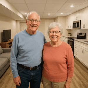 An older couple in a basement apartment