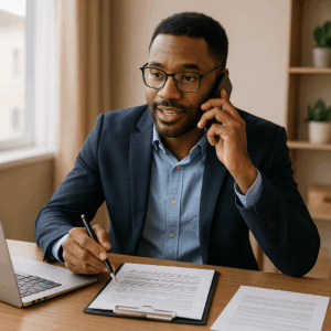 A man negotiating over the phone at his desk with papers in front of him.
