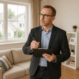 A person conducting a home appraisal