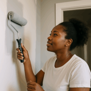 A woman painting a wall in her home.