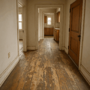 A photo of weathered wooden floors in a home.