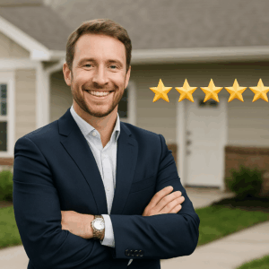 A realtor standing beside a five star rating.