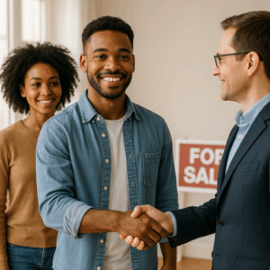 A confident buyer shaking hands with a real estate agent.