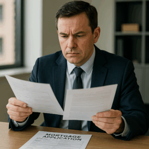 A mortgage lender looking through paperwork.