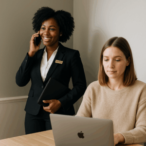A person on a laptop with a real estate agent on the phone in the corner.