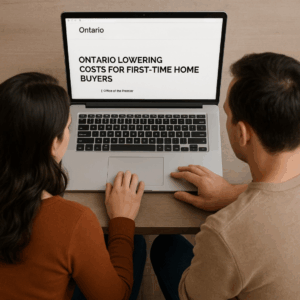 Couple looking at Ontario's first time home buyer rebate on a laptop