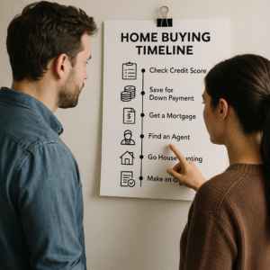 A couple looking at a home buying timeline chart on a wall.