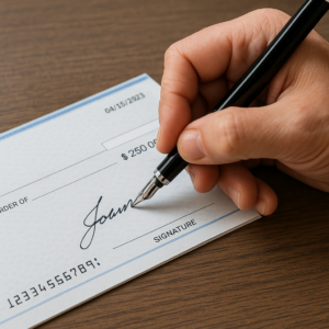 Someone signing a check.