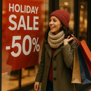 Person looking at a window sign for a holiday sale.