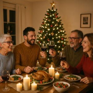 People having a festive dinner with a Christmas tree in the back.