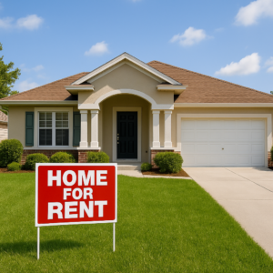 A home with a for rent sign