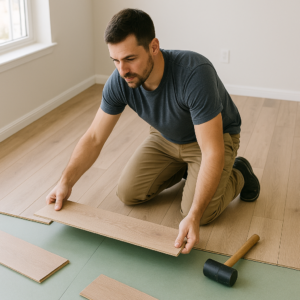 A man laying down new flooring.
