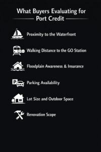 A black and white infographic on what buyers evaluate for Port Credit