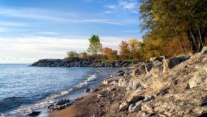 Lake Ontario with a rocky shoreline.